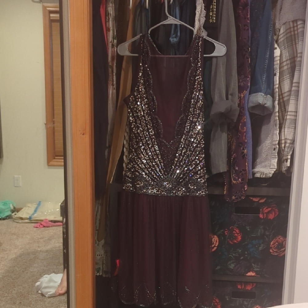 Silver and Burgynd Sequin Embellished Mini Dress